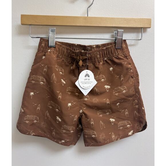 Mebie Baby Boys Swim Trunks 4T Brown Surf Bus Print UPF 50 Lined Board Shorts - Picture 1 of 7